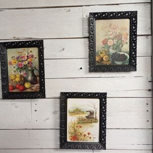 Vintage Still Life Wall Art Set of 3 Black Ornate Plastic Frames Farmhouse